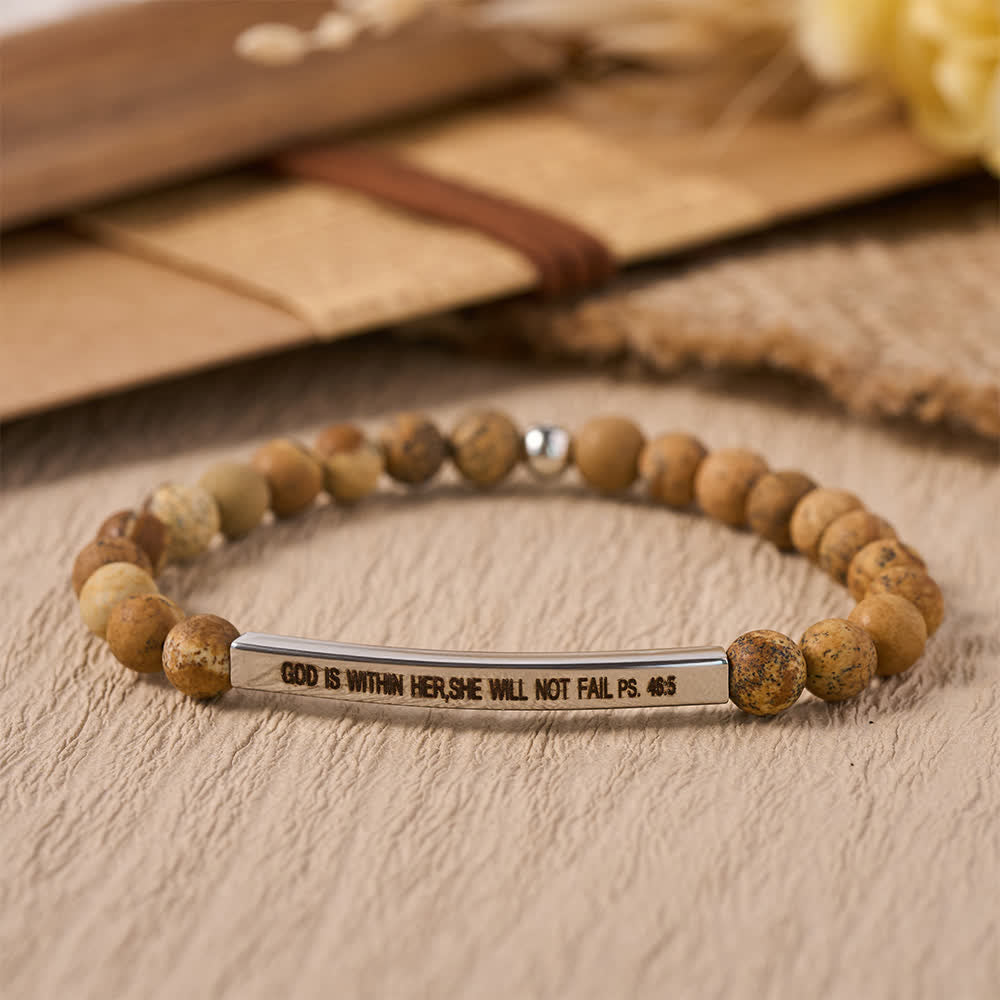 Christianartworkshop Engraved Curved Bar Stretch Beaded Bracelet With Psalm Verse God Is Within Her She Will Not Fail - G - image 12