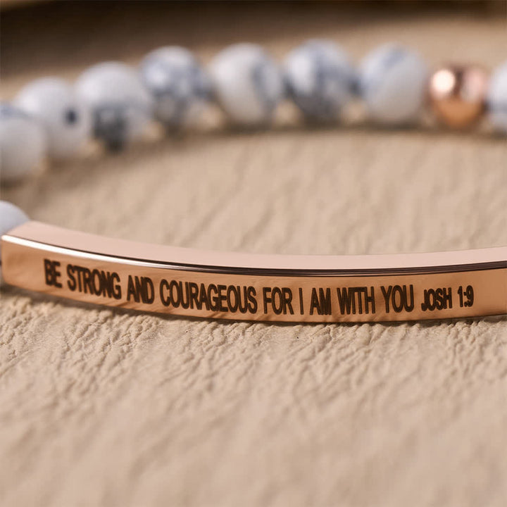 Christianartworkshop Engraved Curved Bar Stretch Beaded Bracelet With Joshua 1:9 Scripture Verse: Emblem of Brave Heavenly Fortitude - image 3