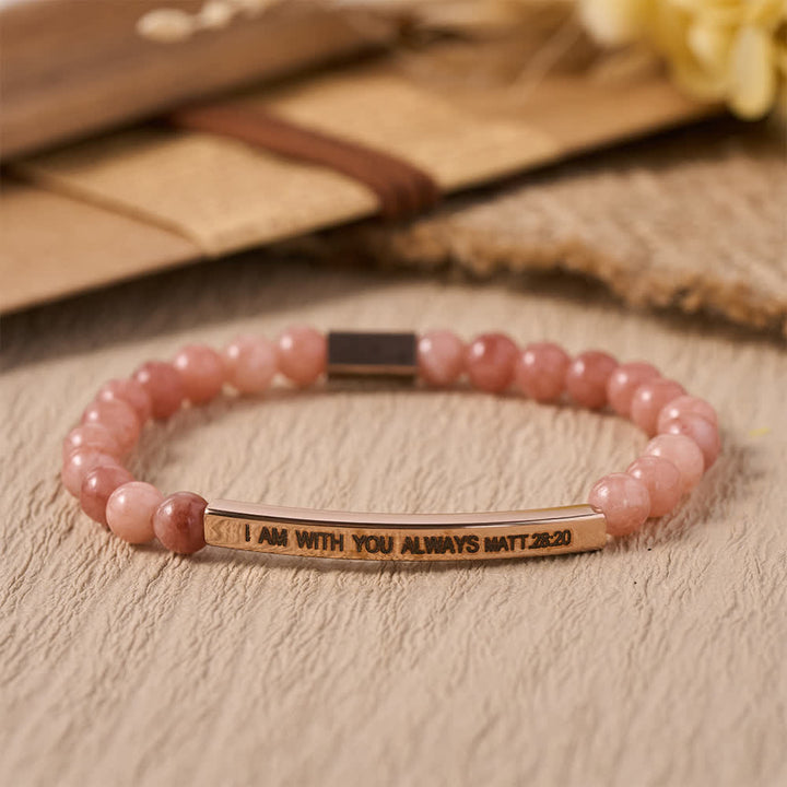 Christianartworkshop Engraved Curved Bar Stretch Beaded Bracelet With I AM WITH YOU ALWAYS Matthew 28:20 Verse - A - image 0