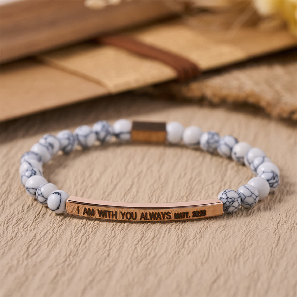 Christianartworkshop Engraved Curved Bar Stretch Beaded Bracelet With I AM WITH YOU ALWAYS Matthew 28:20 Verse - B - image 2