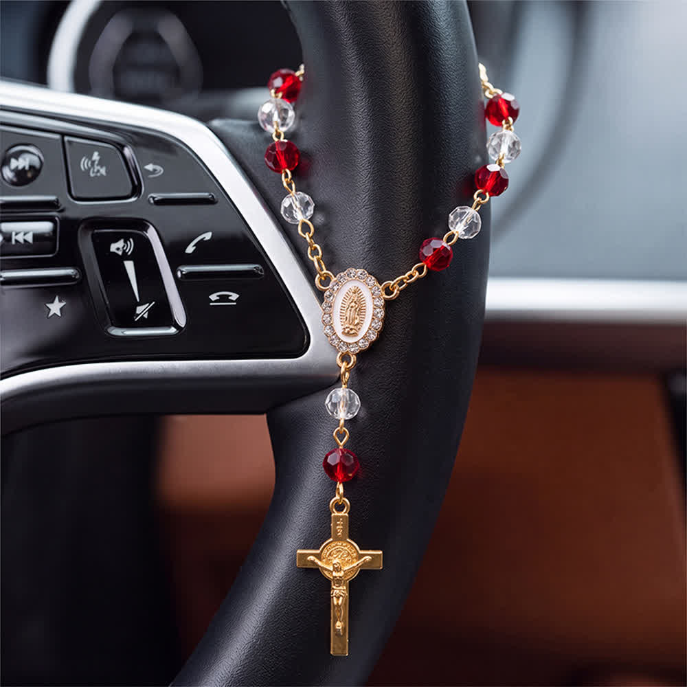 Christianartworkshop Oval Sacred Portrait Our Lady Multi-Tone Bead Crucifix Car Hanging Pendant: A Reminder of Merciful Divine Protection on Every Trip - Red - image 1