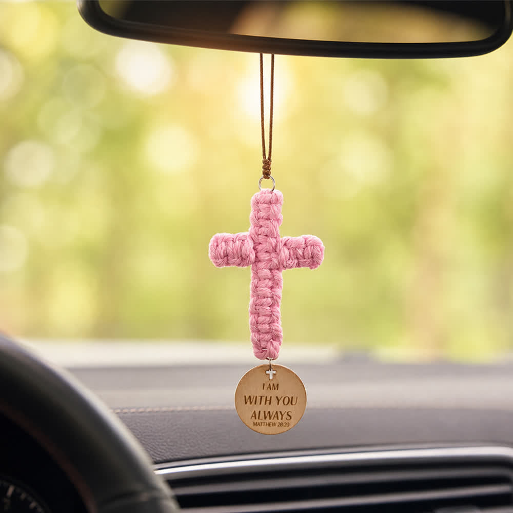 Christianartworkshop Matthew 28:20 Scripture Engraved Wooden Disc Stone Cross Car Charm: A Reminder of Merciful Divine Protection on Every Trip - Macrame Cross& Matthew 28:20 - image 14