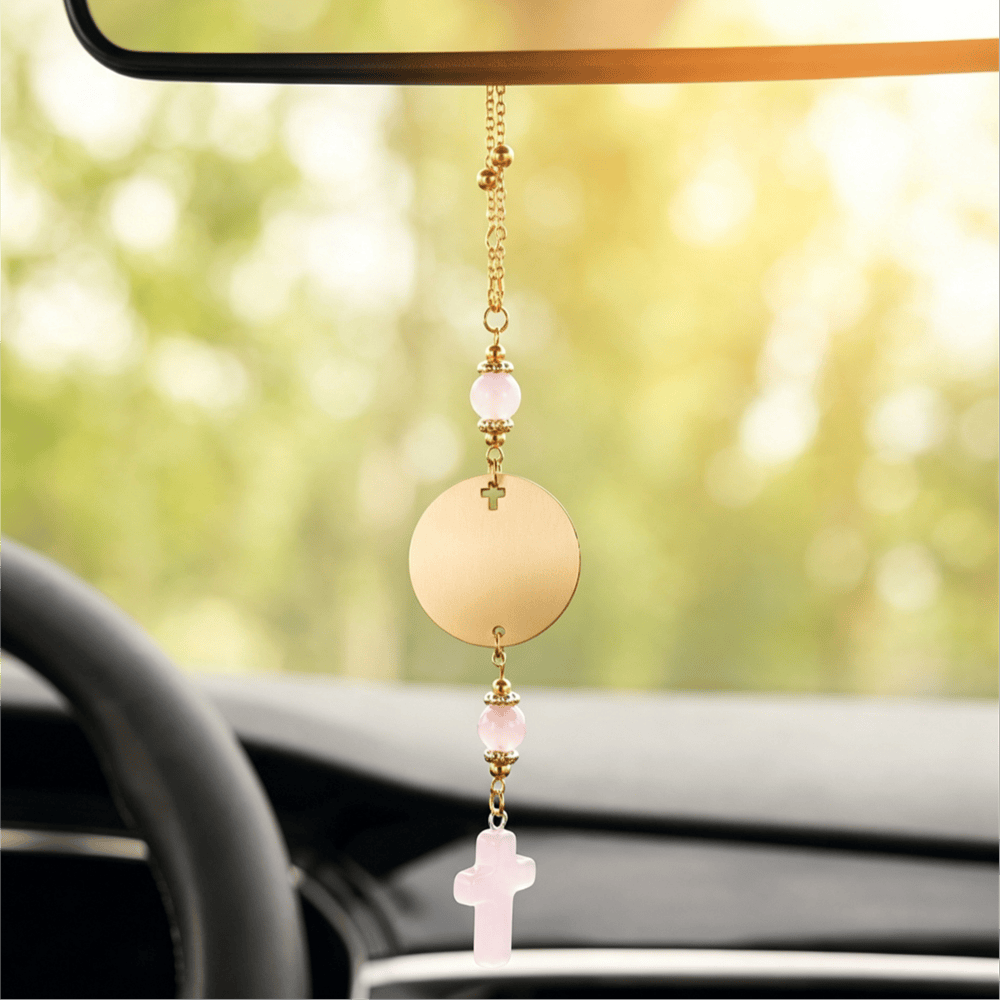 Christianartworkshop Matthew 28:20 Scripture Engraved Wooden Disc Stone Cross Car Charm: A Reminder of Merciful Divine Protection on Every Trip - Rose Quartz - image 6