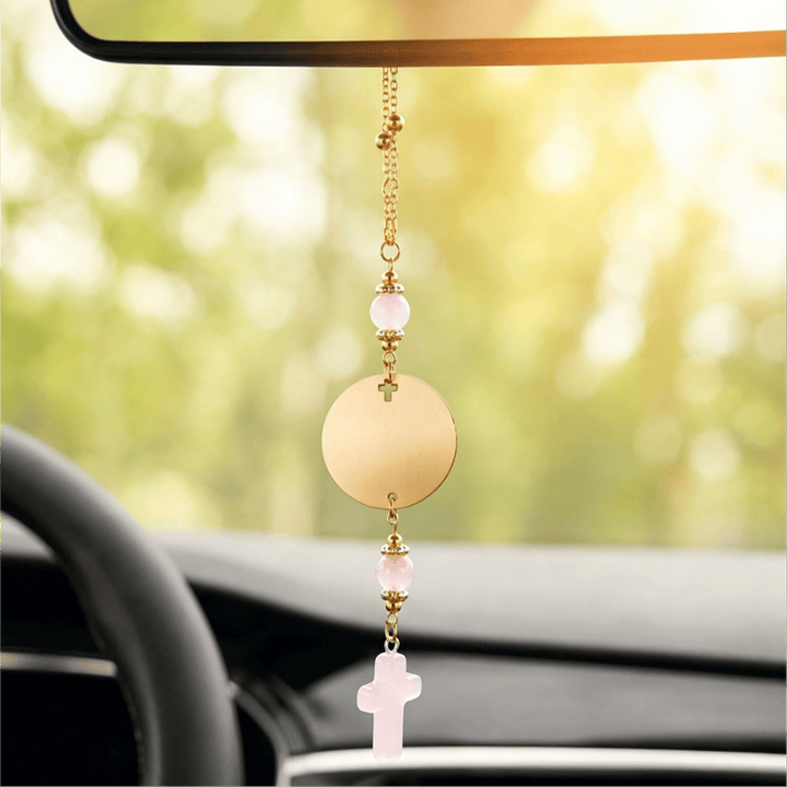 Christianartworkshop Matthew 28:20 Scripture Engraved Wooden Disc Stone Cross Car Charm: A Reminder of Merciful Divine Protection on Every Trip - Rose Quartz - image 6