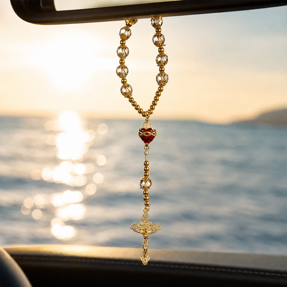 Christianartworkshop Luxe Champagne-Tone Pocket Rosary With Sacred Heart & Jeweled Crucifix: Dual-Use Prayer & Car Hanging Charm - image 2