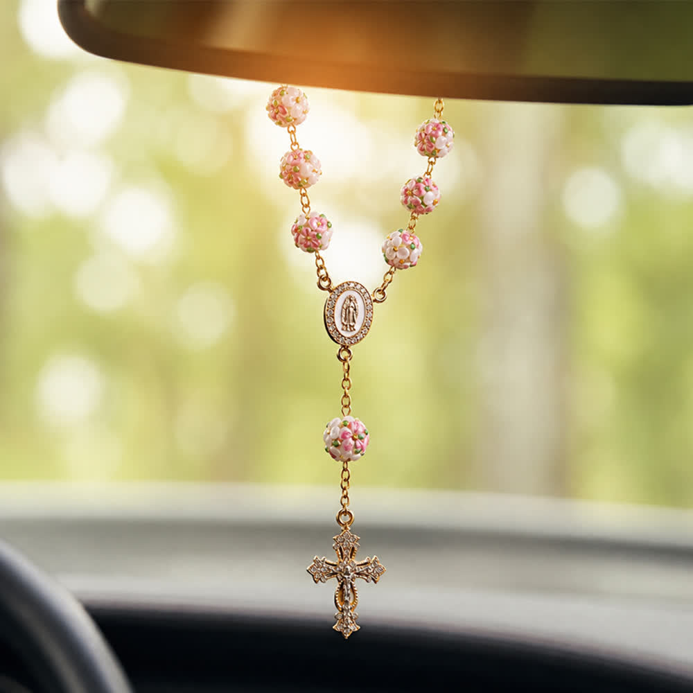 Christianartworkshop Ornate Jeweled Gold Cross Floral Glass Car Rosary: Token of Heavenly Travel Protection - Floral Beads Rosary - image 0