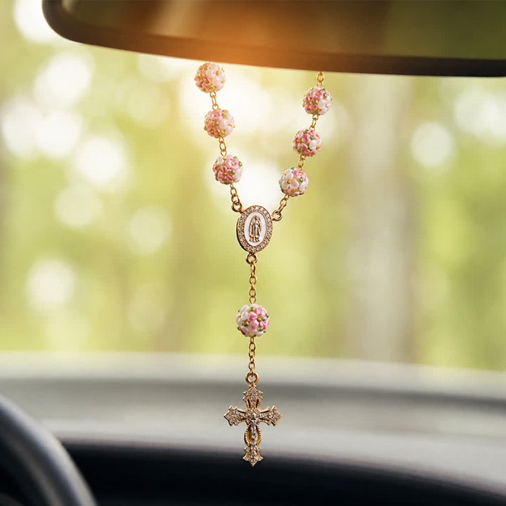 Christianartworkshop Ornate Jeweled Gold Cross Floral Glass Car Rosary: Token of Heavenly Travel Protection - Floral Beads Rosary - image 0