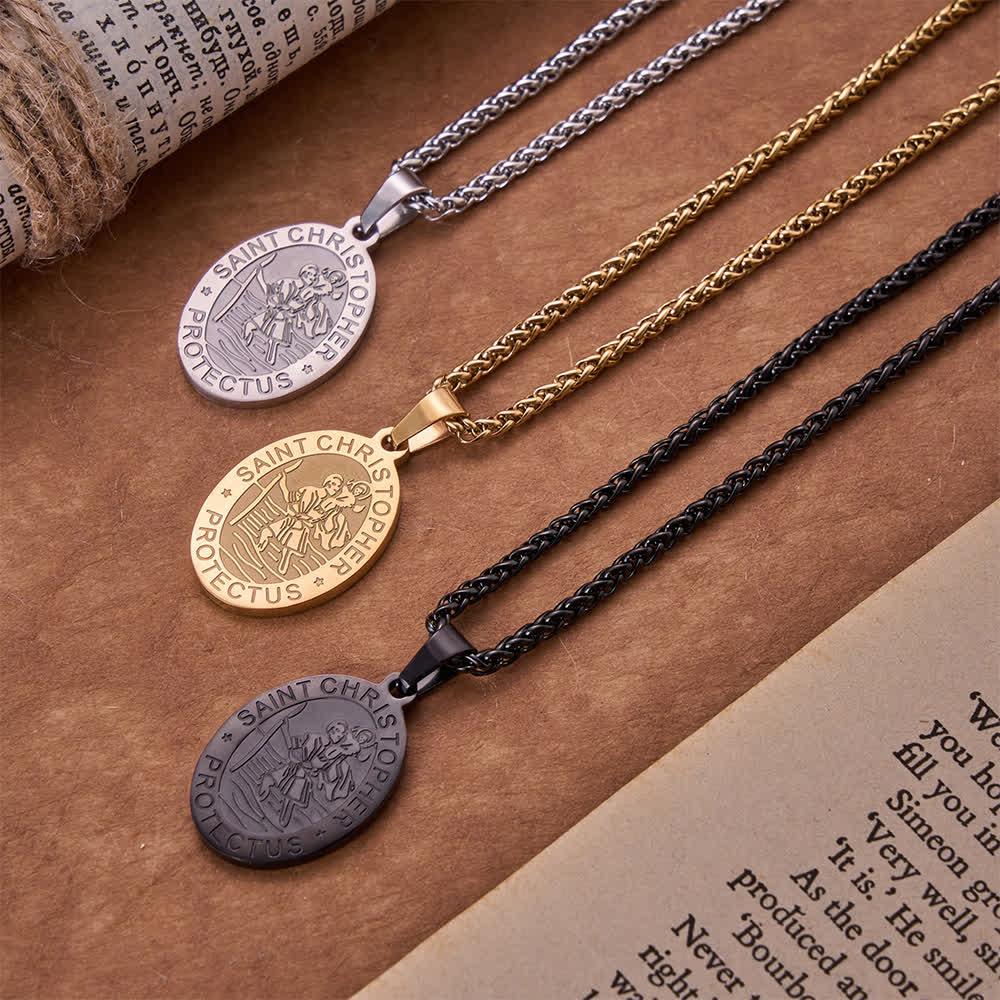 Christianartworkshop Oval Saint Christopher Engraved Medal Wheat Chain Necklace: Timeless Emblem of Gentle Heavenly Guardianship - image 1