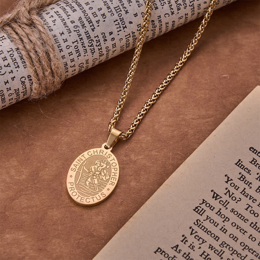 Christianartworkshop Oval Saint Christopher Engraved Medal Wheat Chain Necklace: Timeless Emblem of Gentle Heavenly Guardianship - Golden - image 3