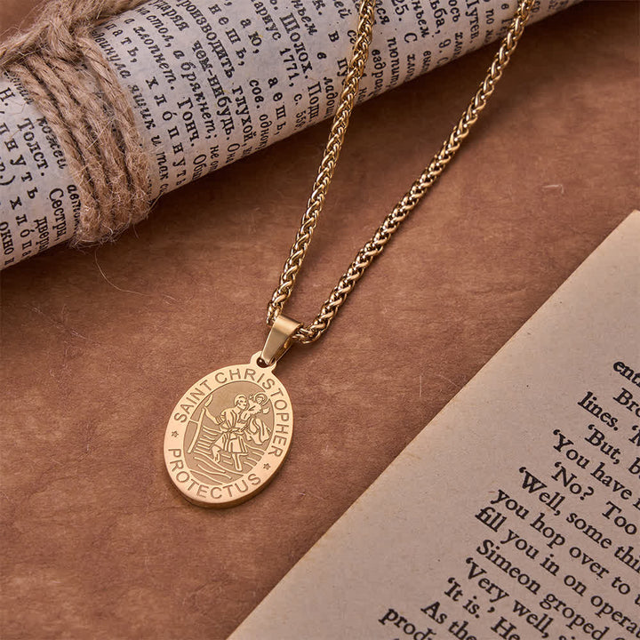 Christianartworkshop Oval Saint Christopher Engraved Medal Wheat Chain Necklace: Timeless Emblem of Gentle Heavenly Guardianship - Golden - image 3