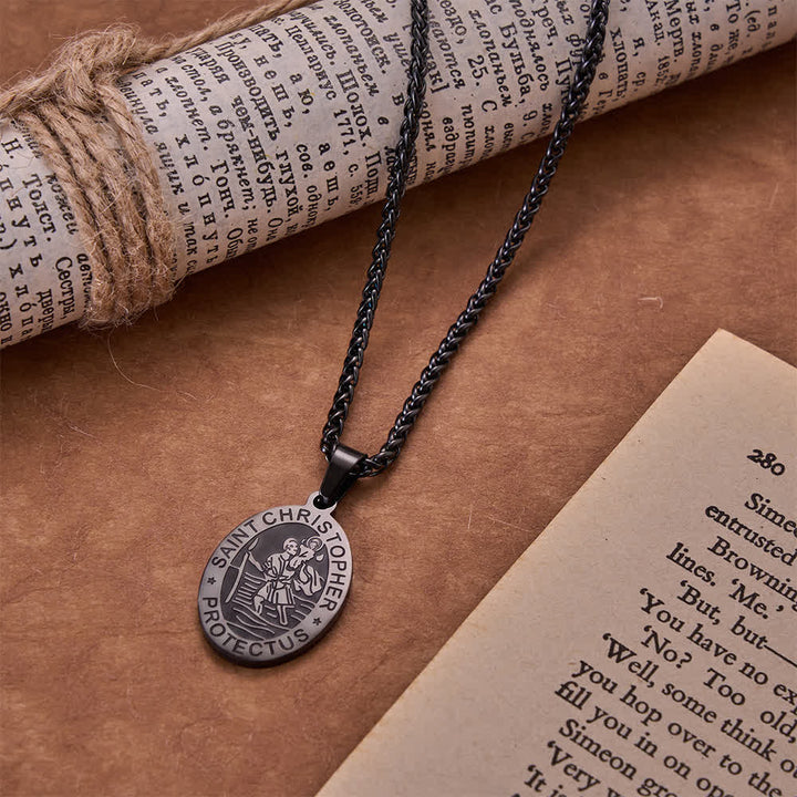 Christianartworkshop Oval Saint Christopher Engraved Medal Wheat Chain Necklace: Timeless Emblem of Gentle Heavenly Guardianship - Black - image 5