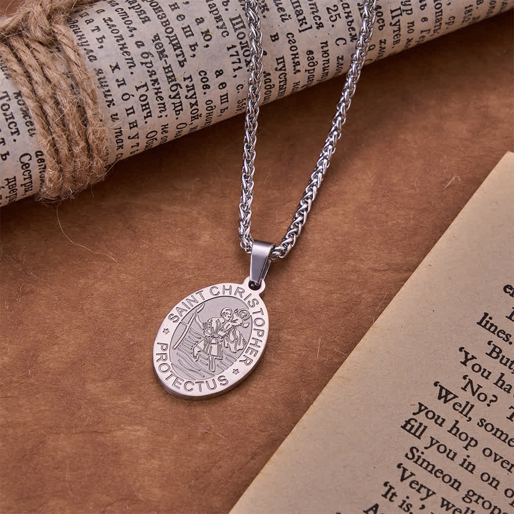 Christianartworkshop Oval Saint Christopher Engraved Medal Wheat Chain Necklace: Timeless Emblem of Gentle Heavenly Guardianship - Steel - image 6