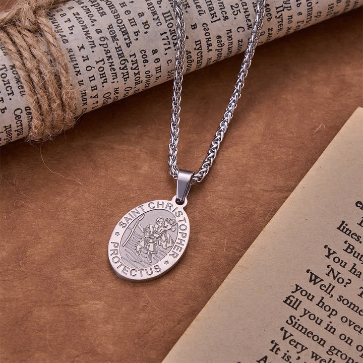 Christianartworkshop Oval Saint Christopher Engraved Medal Wheat Chain Necklace: Timeless Emblem of Gentle Heavenly Guardianship - Steel - image 6