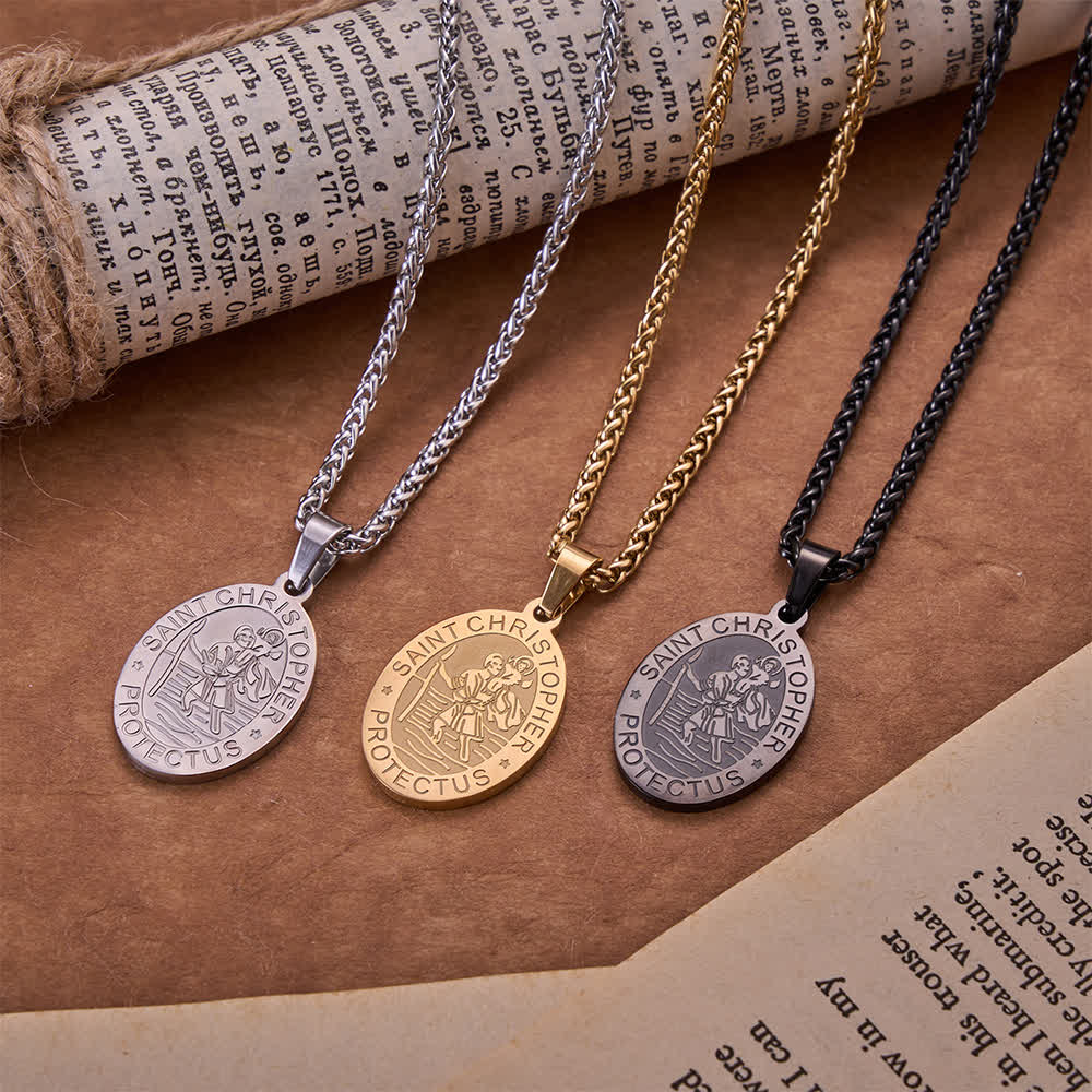 Christianartworkshop Oval Saint Christopher Engraved Medal Wheat Chain Necklace: Timeless Emblem of Gentle Heavenly Guardianship - image 0