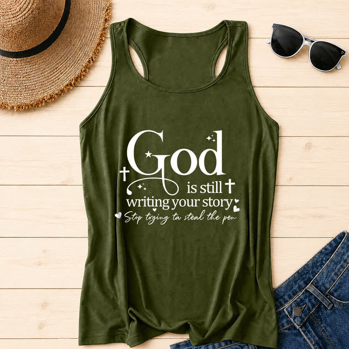 Christianartworkshop God Is Still Writing Your Story Christian Workout Racerback Tank Top - Army Green - 2XL - image 18