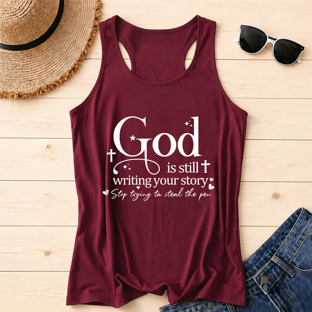 Christianartworkshop God Is Still Writing Your Story Christian Workout Racerback Tank Top - Wine - 2XL - image 24