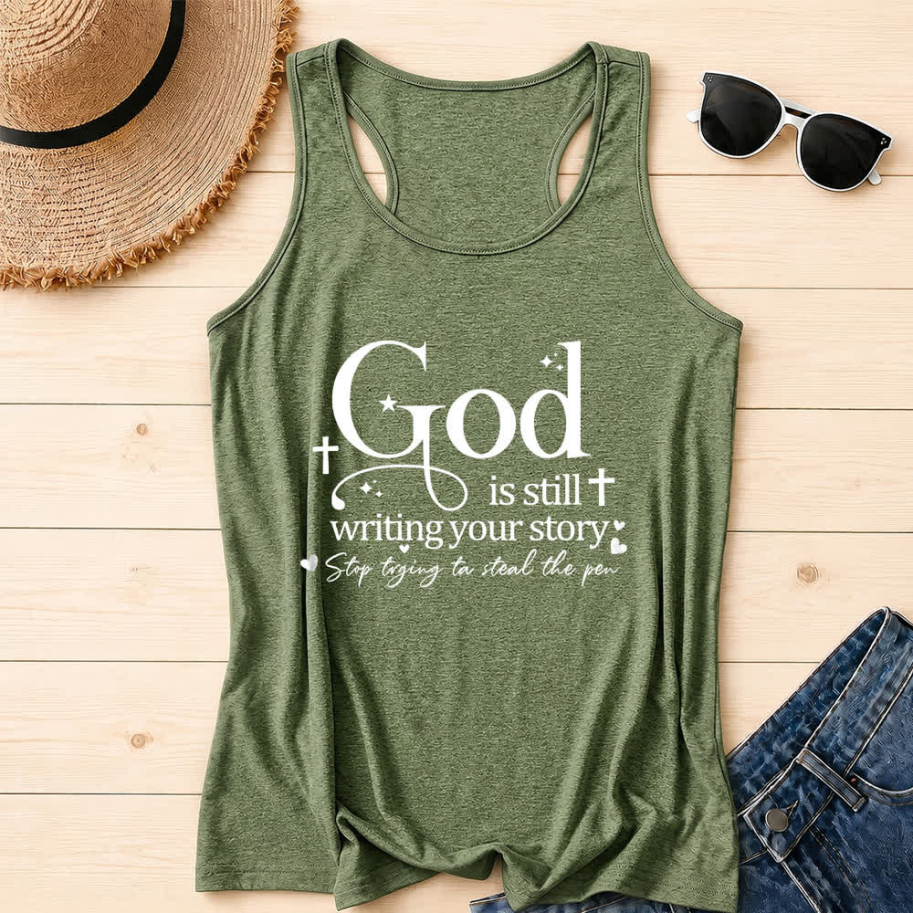 Christianartworkshop God Is Still Writing Your Story Christian Workout Racerback Tank Top - Olive Green - 2XL - image 0