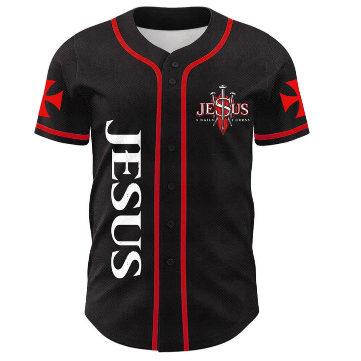 Christianartworkshop Front Vertical Jesus Nail Cross Emblem Back Lightning Lion Of Judah Portrait Button-Up Baseball Jersey - image 1