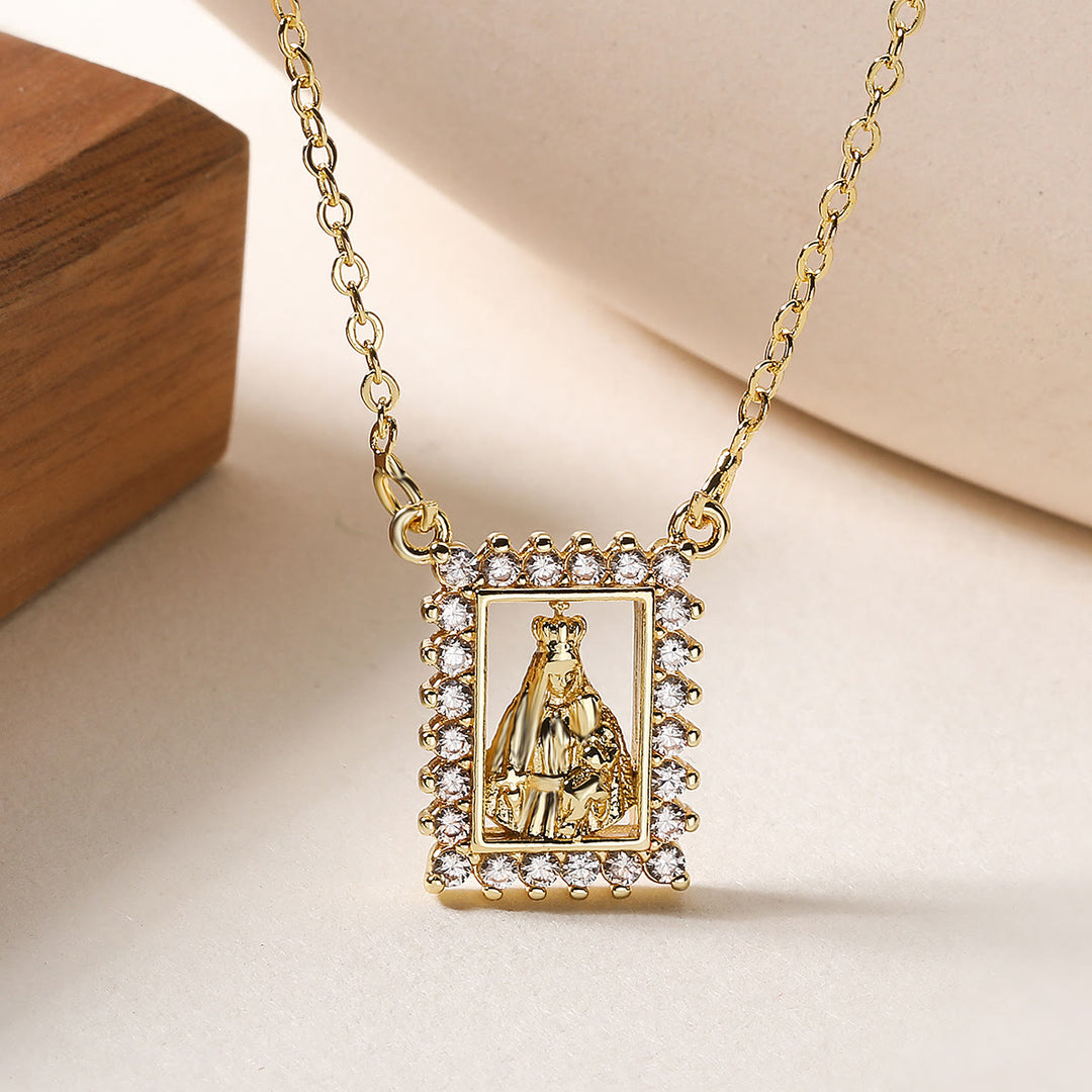 Christianartworkshop Zircon Border Framed Holy Portrait Necklace: Emblem of Gentle Heavenly Protection - Our Lady  - image 0