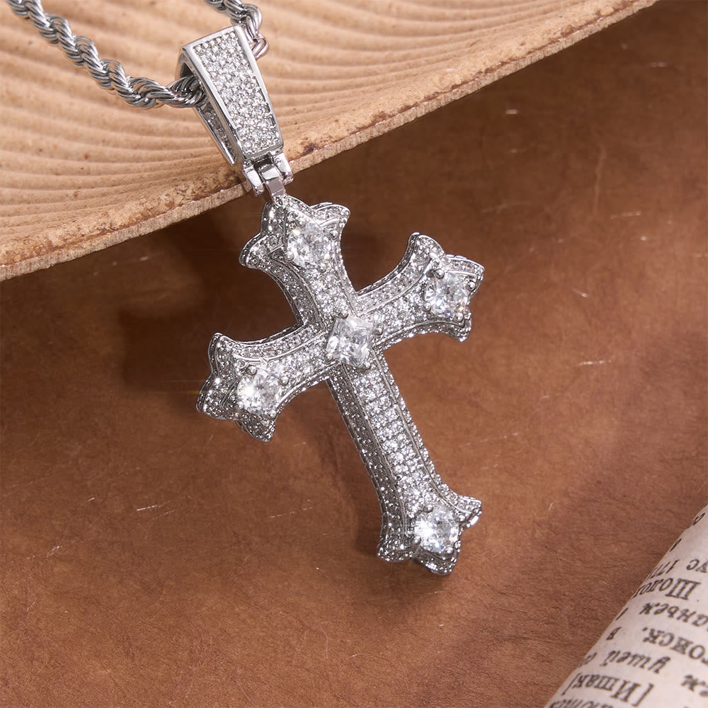 Christianartworkshop Iced Gothic Fleur Cross Pendant With Twist Rope Chain: Emblem of Radiant Celestial Fortitude - Silver - image 0