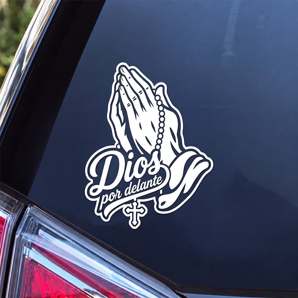 Christianartworkshop Praying Hands with Rosary Dios Por Delante Car Sticker - image 1