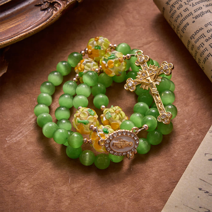 Christianartworkshop Green Cat's Eye Stone Rosary With Floral Lampwork Glass Beads: Emblem of Vibrant Heavenly Blessings - image 3
