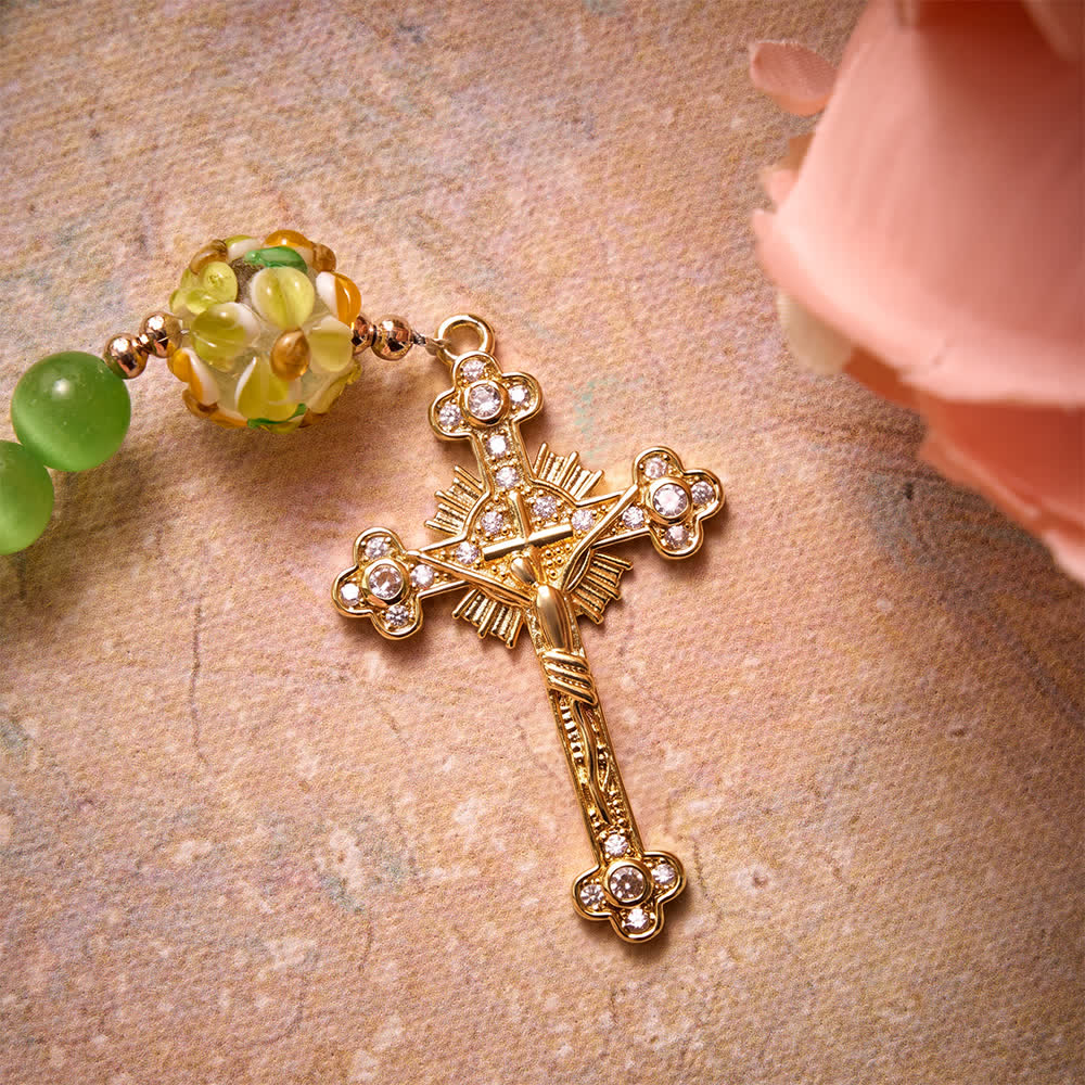 Christianartworkshop Green Cat's Eye Stone Rosary With Floral Lampwork Glass Beads: Emblem of Vibrant Heavenly Blessings - image 7