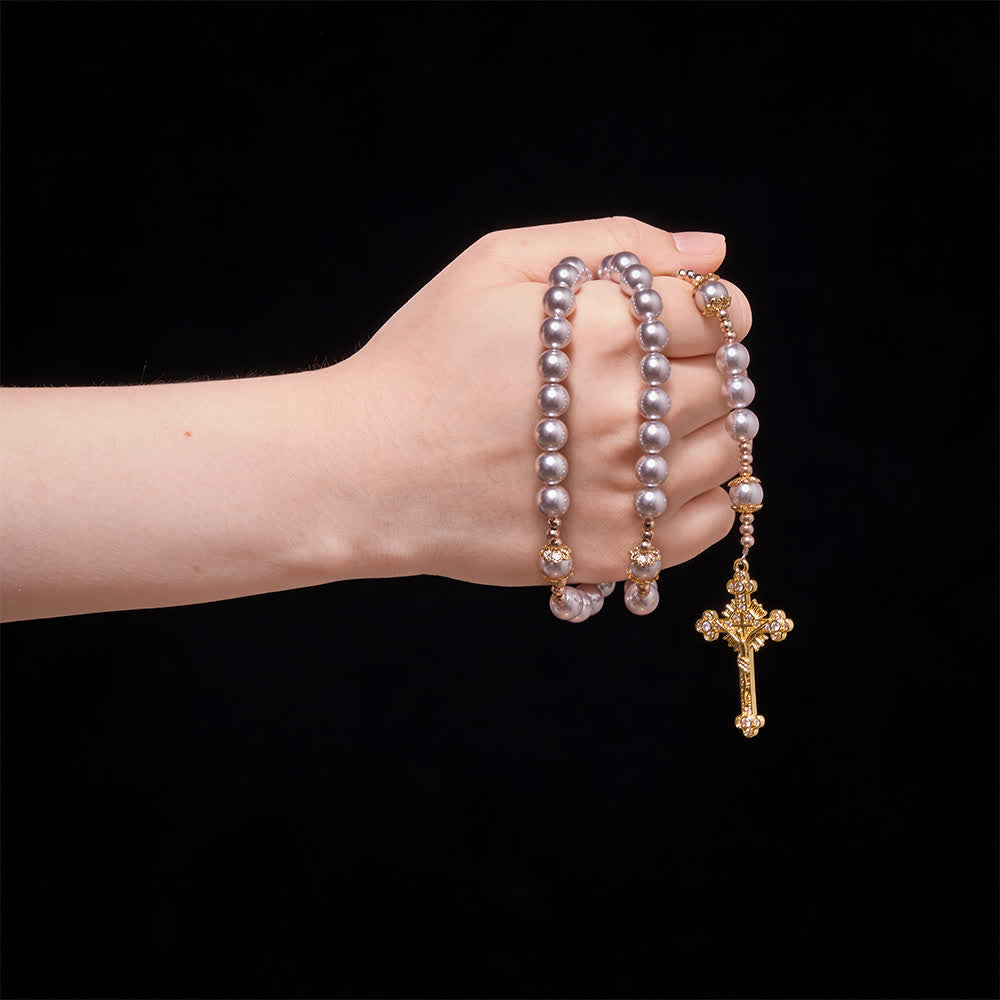 Christianartworkshop Pale Pink Pearl Our Lady Rosary With Jeweled Golden Crucifix: Emblem of Pure Heavenly Tenderness - image 1