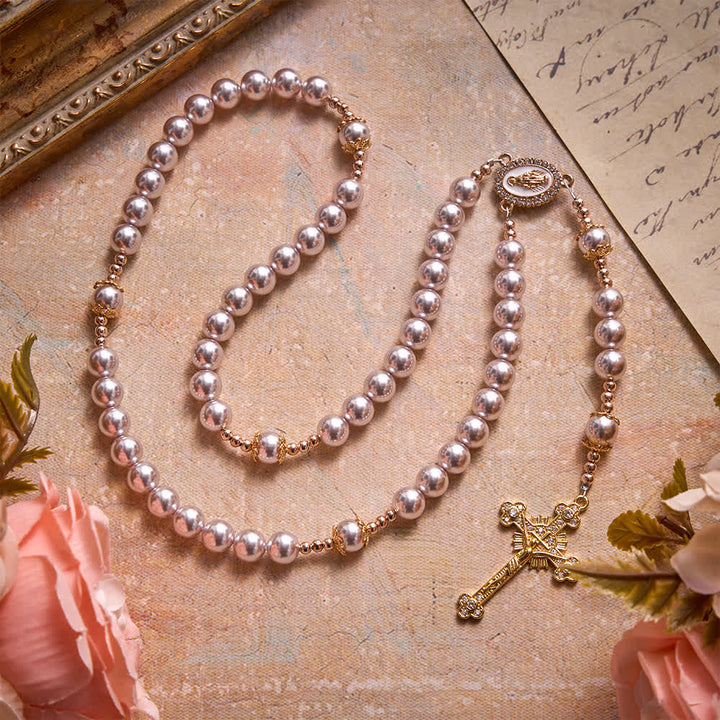 Christianartworkshop Pale Pink Pearl Our Lady Rosary With Jeweled Golden Crucifix: Emblem of Pure Heavenly Tenderness - Pink Pearl Rosary - image 0