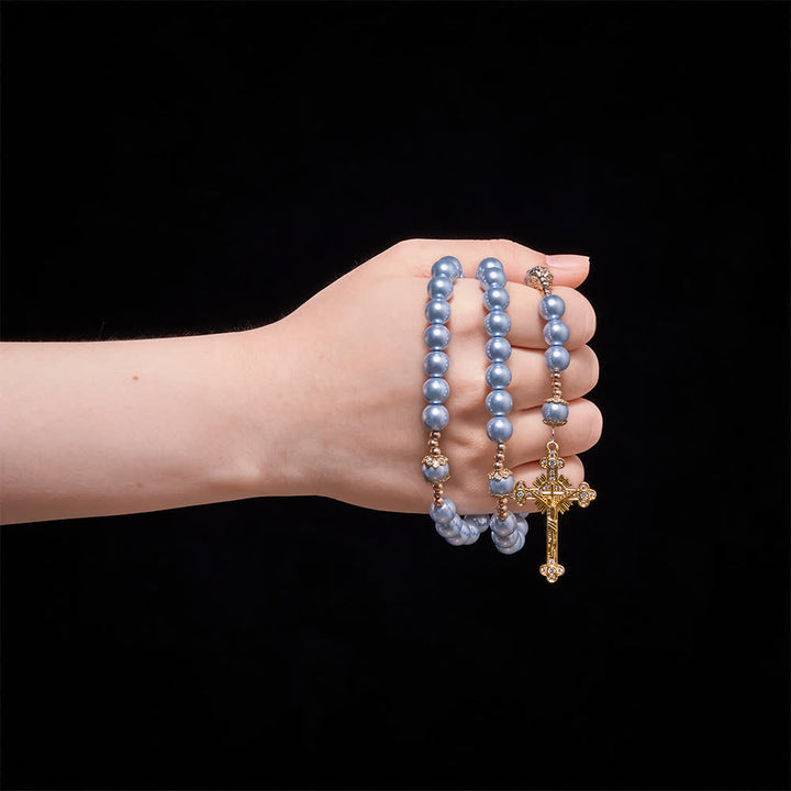 Christianartworkshop Sky Blue Pearl Our Lady Rosary With Jeweled Golden Crucifix: Emblem of Serene Heavenly Peace - image 1