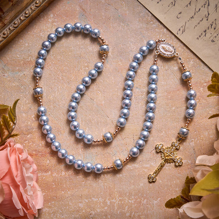 Christianartworkshop Sky Blue Pearl Our Lady Rosary With Jeweled Golden Crucifix: Emblem of Serene Heavenly Peace - Blue Pearl Rosary - image 0