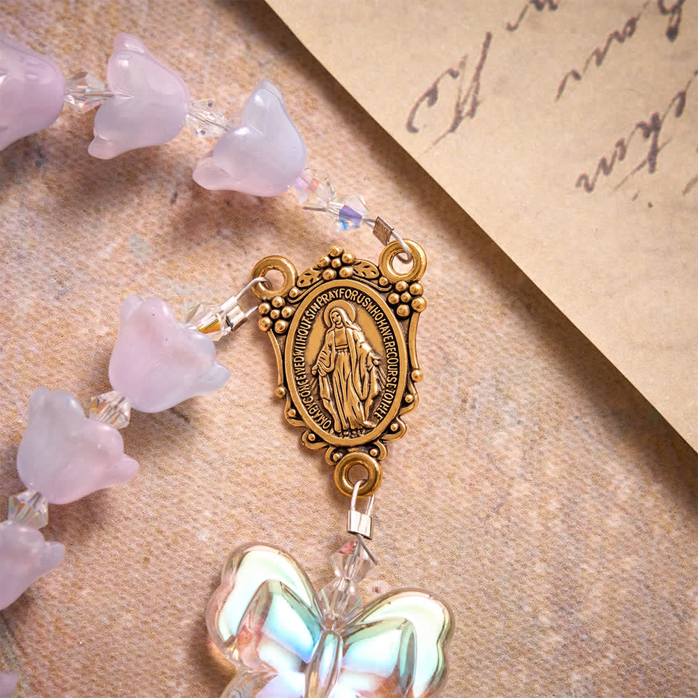 Christianartworkshop Gradient Iridescent Lily of the Valley Glass Rosary With Butterfly Charms: Emblem of Gentle Heavenly Blessings - image 6