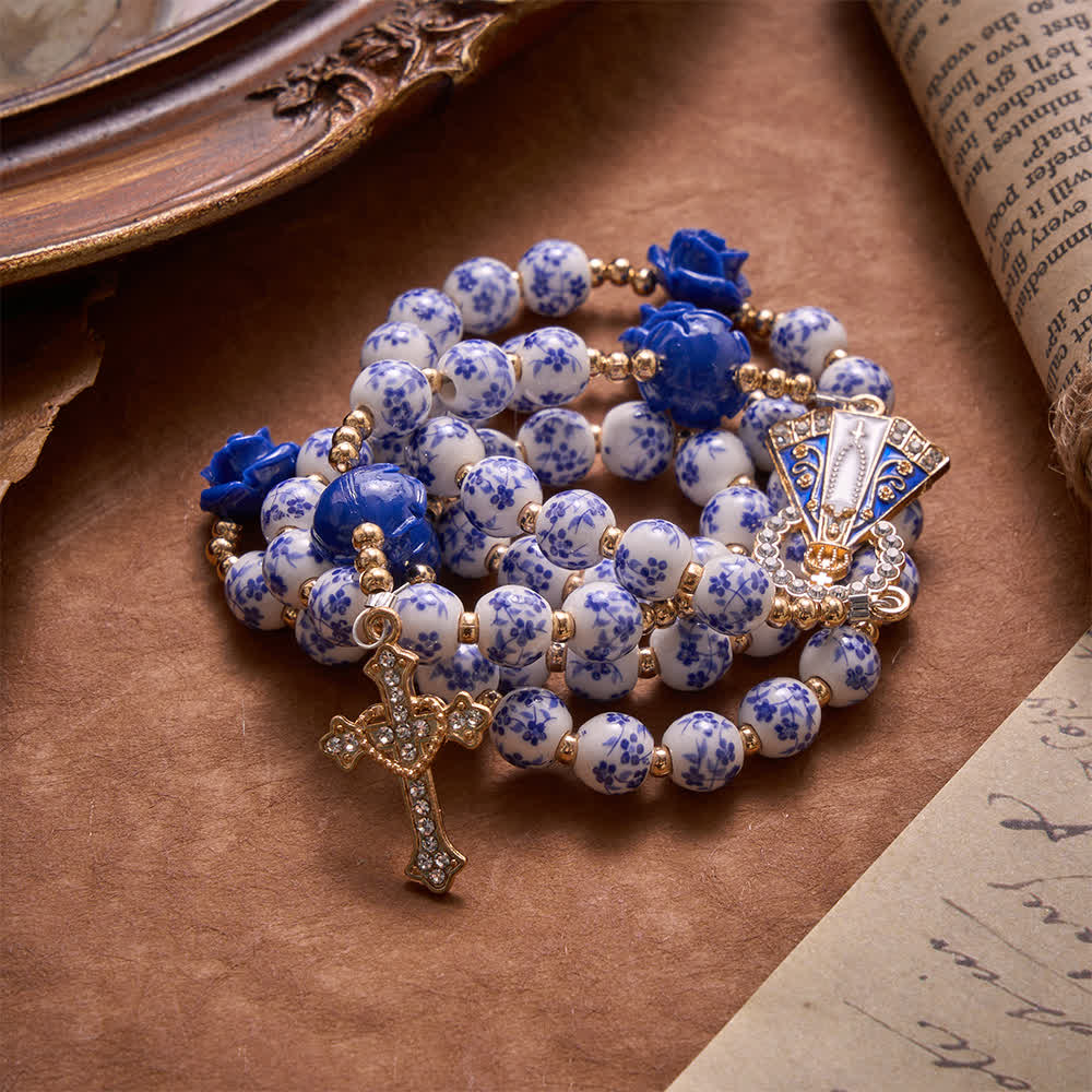 Christianartworkshop Blue Porcelain Bead Rosary With Blue Rose Ornaments & Our Lady of Aparecida Medal - image 4