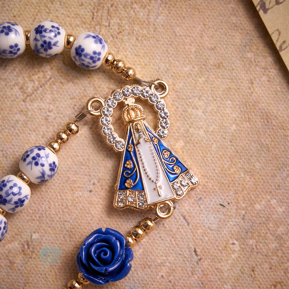 Christianartworkshop Blue Porcelain Bead Rosary With Blue Rose Ornaments & Our Lady of Aparecida Medal - image 6