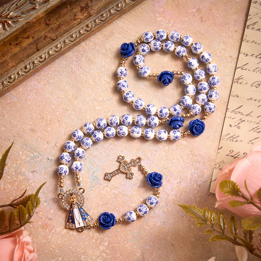 Christianartworkshop Blue Porcelain Bead Rosary With Blue Rose Ornaments & Our Lady of Aparecida Medal - Blue Rose Rosary - image 0