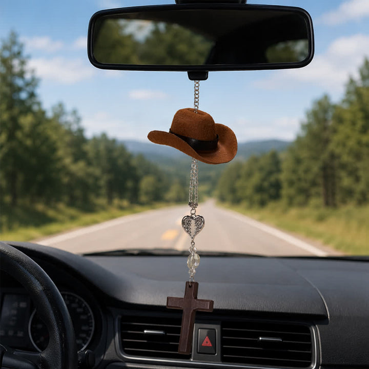 Christianartworkshop Cowboy Hat Angel Wing Wooden Cross Car Pendant: Timeless Token of Faithful Heavenly Safeguard - Brown - image 0