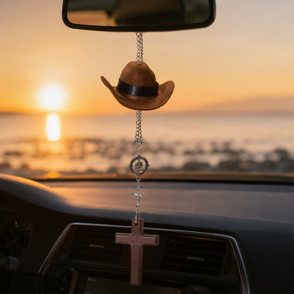 Christianartworkshop Cowboy Hat Compass Wooden Cross Car Pendant: Timeless Token of Steady Heavenly Guidance - Brown - image 6