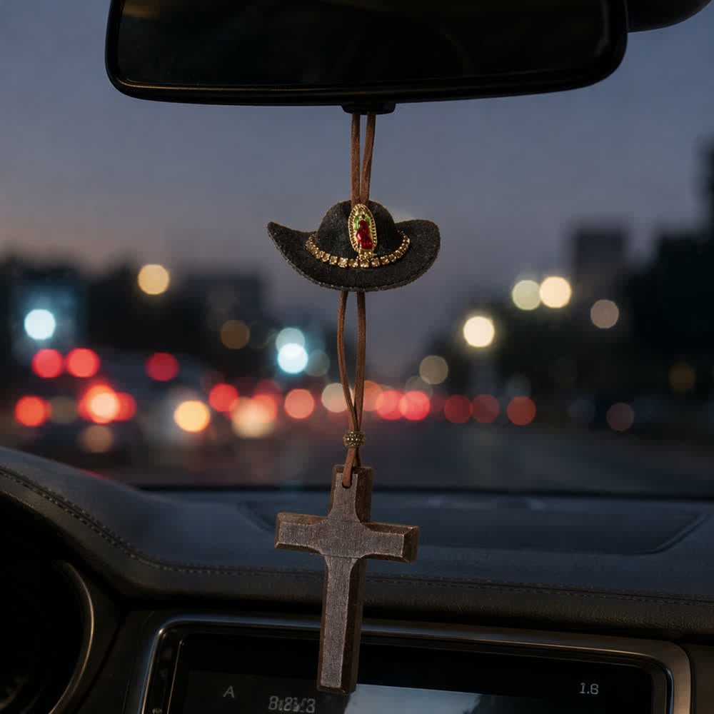 Christianartworkshop Western Vintage Hanging Auto Ornament Decorated With Felt Our Lady Cowboy Hat And Wood Cross  - Brown - image 0