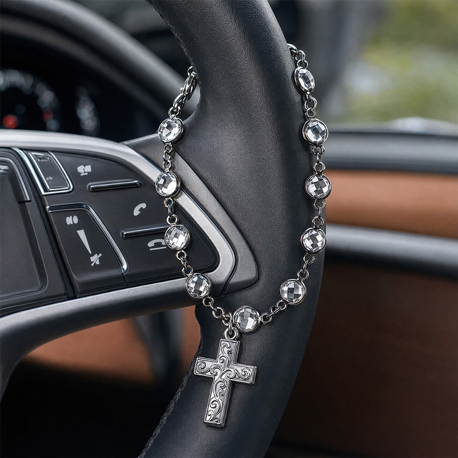 Christianartworkshop Rhinestone Bead Cross Bracelet & Car Hanging Ornament: Emblem of Steadfast Heavenly Safeguard - Silver  - image 0