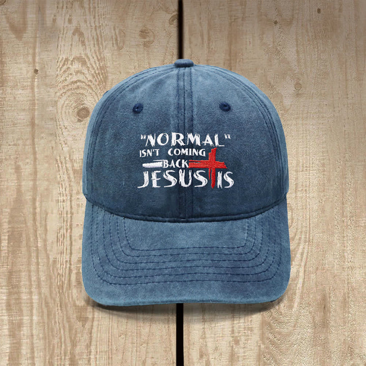 Christianartworkshop Normal Isn't Coming Back Jesus Is Cross Letter Embroidered Classic Casual Hat - Navy Blue - image 8
