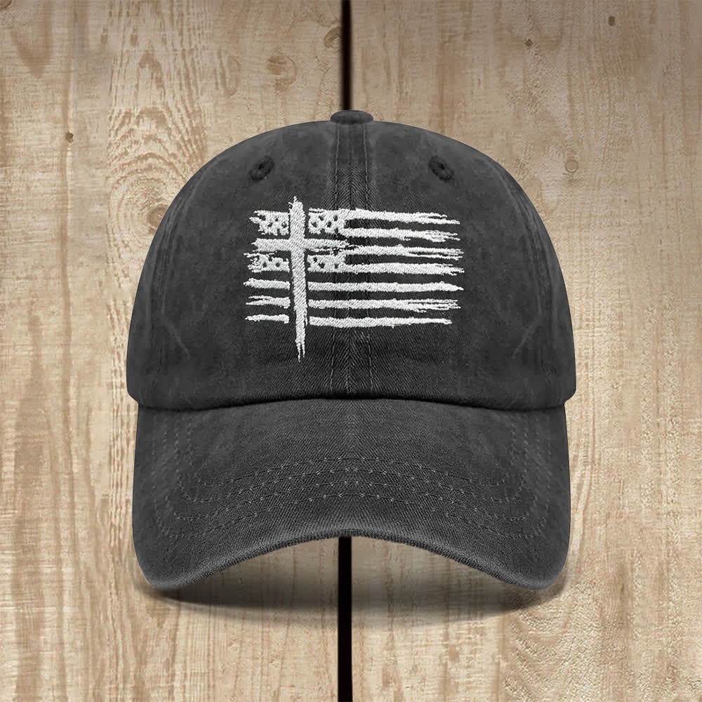Christianartworkshop Distressed American Flag Cross Embroidered Classic Casual Hat - The USA  Flag & Cross - image 0
