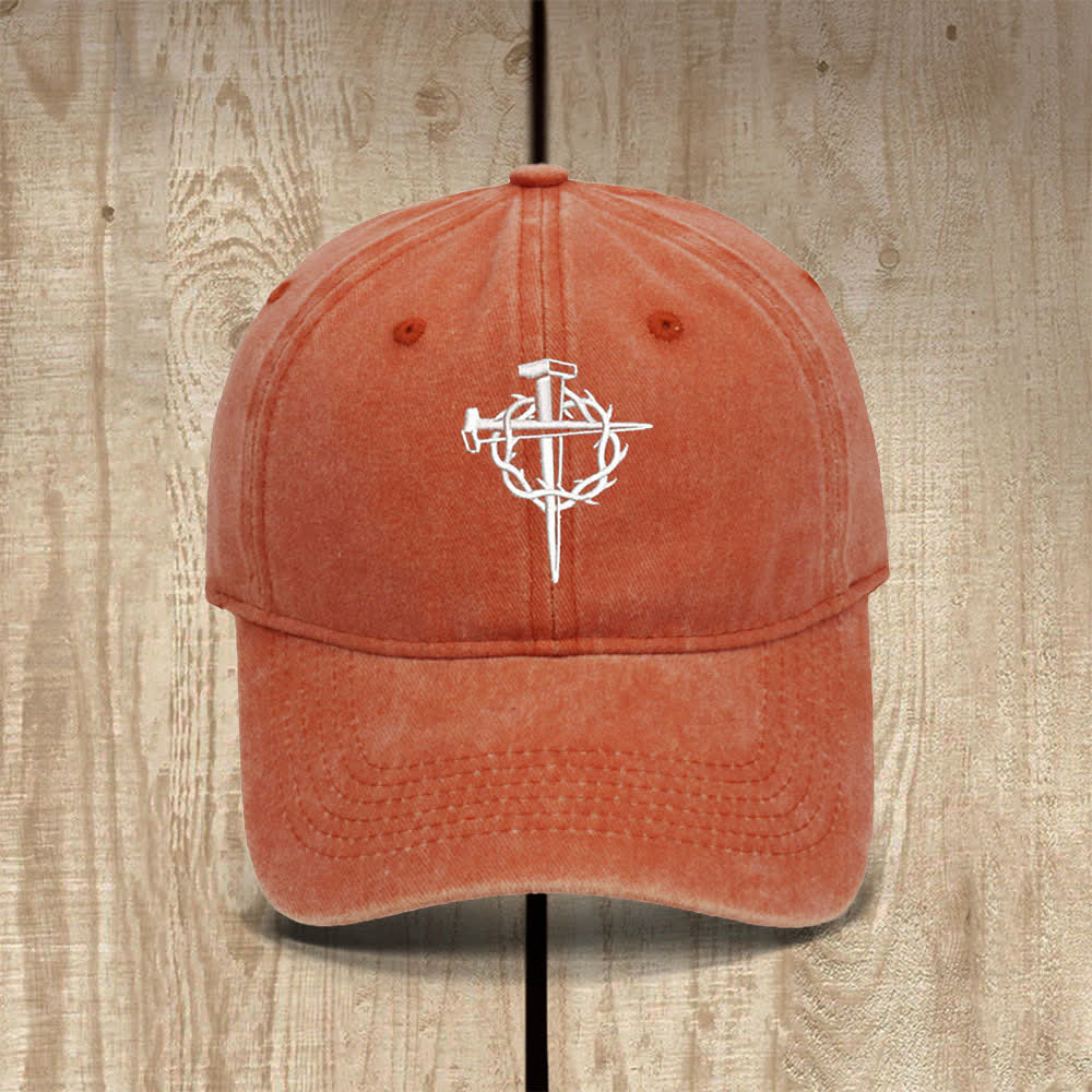 Christianartworkshop Crown Of Thorns Nails Cross Symbol Embroidered Classic Casual Hat - Orange - image 10