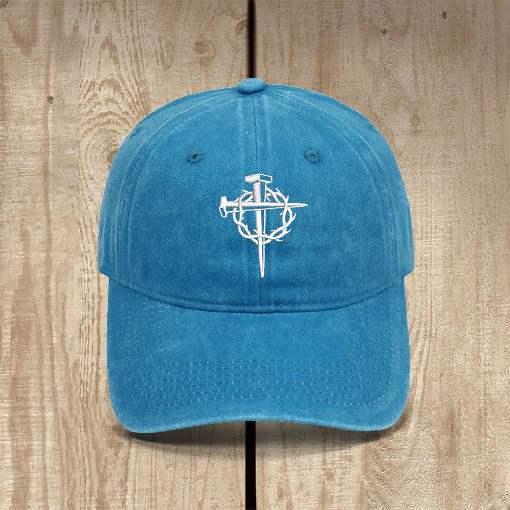 Christianartworkshop Crown Of Thorns Nails Cross Symbol Embroidered Classic Casual Hat - Lake Blue - image 13