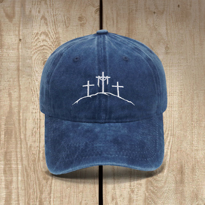 Christianartworkshop Three Hilltop Crosses Symbol Embroidered Classic Casual Hat - Navy Blue - image 14