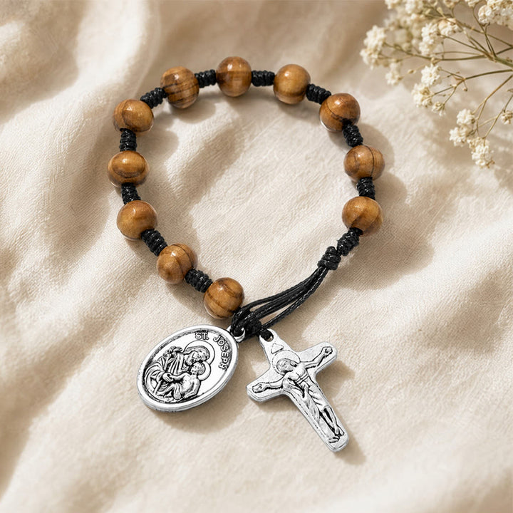 Christianartworkshop Hand Knotted Wooden Bead Wrist Rosary With St. Joseph Medal & Crucifix: Emblem of Family Celestial Safeguard - image 2