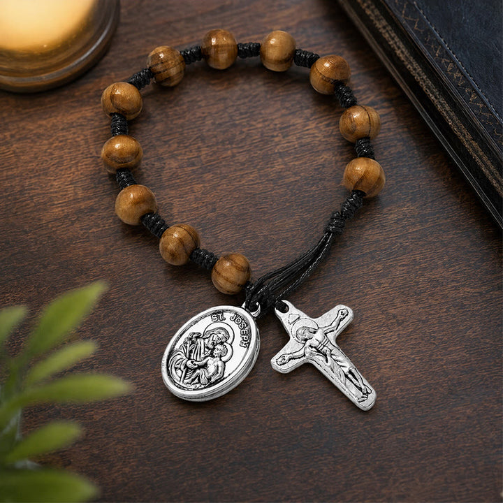 Christianartworkshop Hand Knotted Wooden Bead Wrist Rosary With St. Joseph Medal & Crucifix: Emblem of Family Celestial Safeguard - image 6