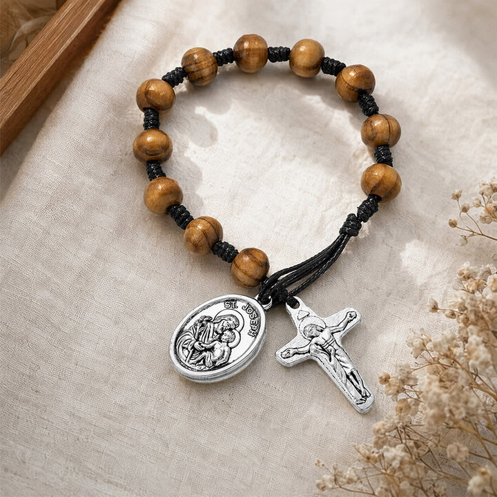 Christianartworkshop Hand Knotted Wooden Bead Wrist Rosary With St. Joseph Medal & Crucifix: Emblem of Family Celestial Safeguard - image 4
