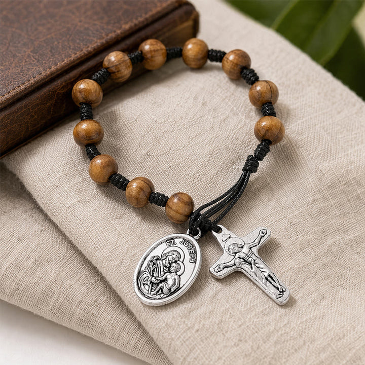 Christianartworkshop Hand Knotted Wooden Bead Wrist Rosary With St. Joseph Medal & Crucifix: Emblem of Family Celestial Safeguard - image 3