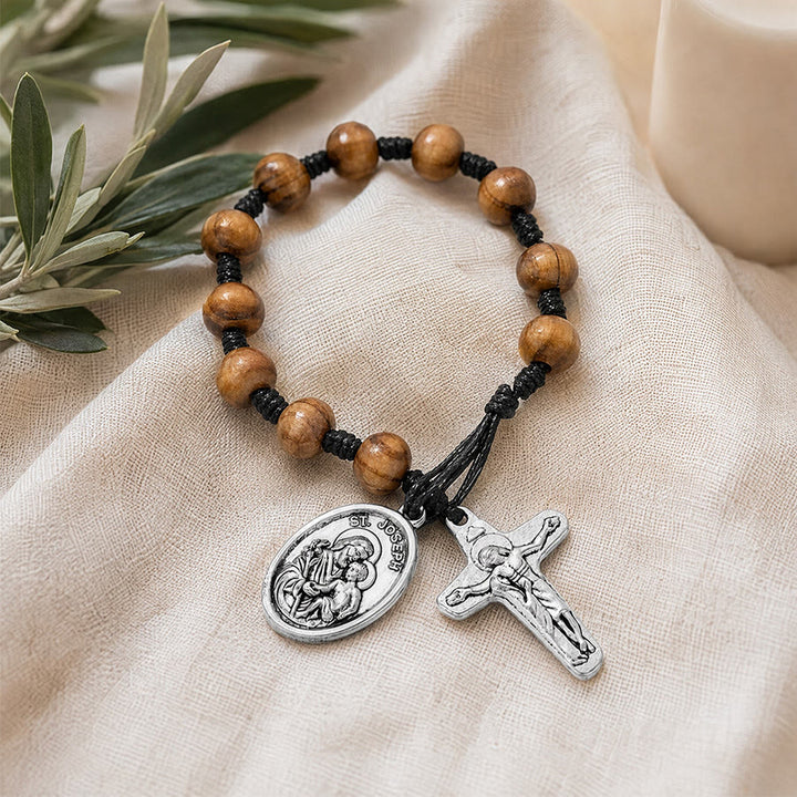 Christianartworkshop Hand Knotted Wooden Bead Wrist Rosary With St. Joseph Medal & Crucifix: Emblem of Family Celestial Safeguard - image 7
