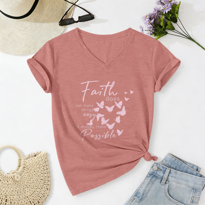 Christianartworkshop Faith Does Not Make Things Easy Butterfly Letter Print Casual V-neck T-shirt - Light Pink - 2XL - image 18